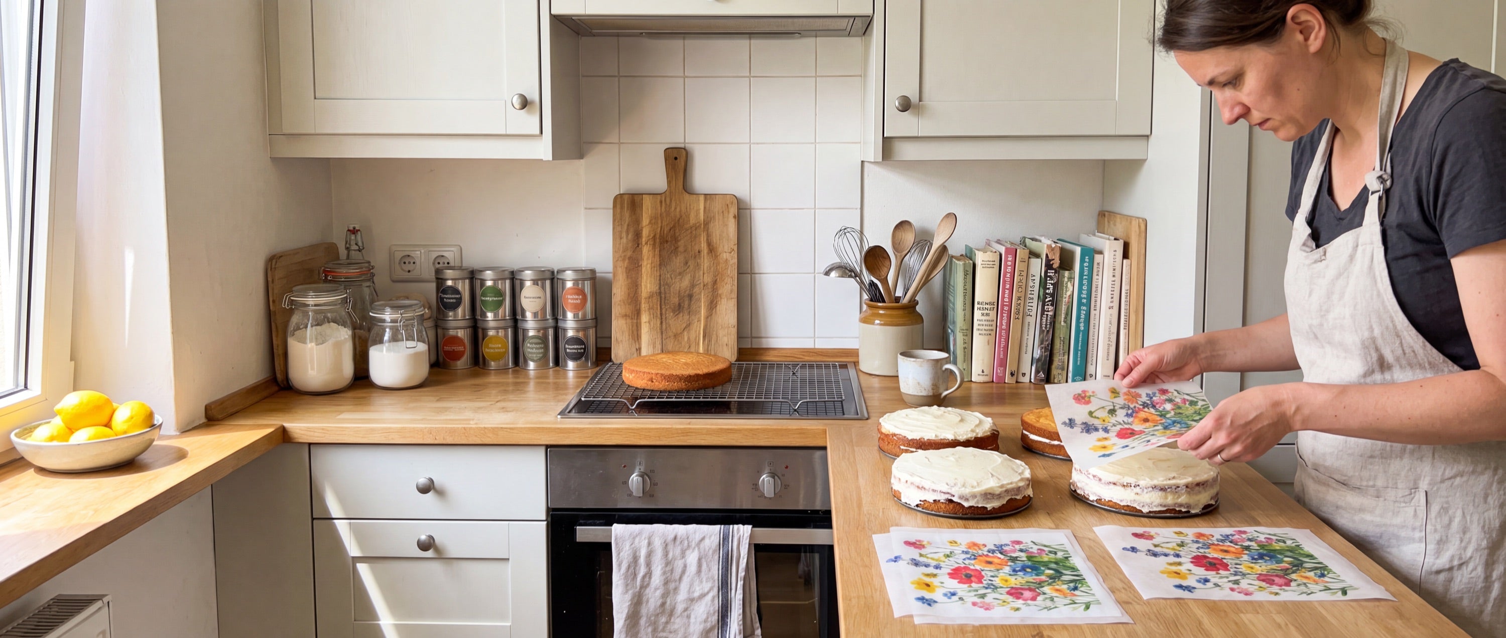 Frau in Schürze legt ein bedrucktes Esspapier mit Blumenmotiv auf eine selbstgebackene Torte in einer hellen Küche