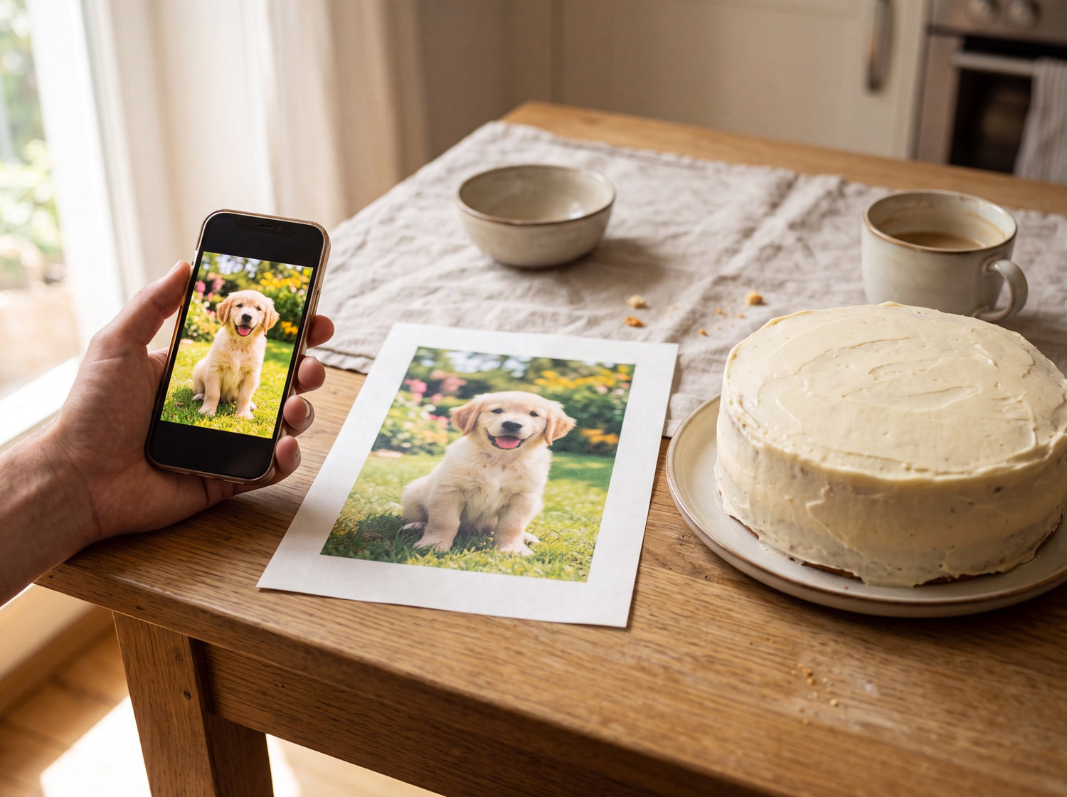 Handy mit Hundefoto, dasselbe Foto auf Esspapier gedruckt und eine selbstgebackene Torte auf einem Küchentisch